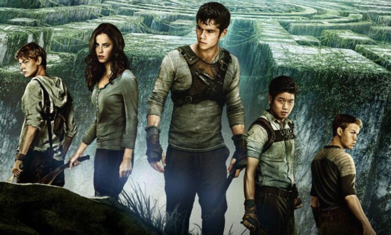 An image of the Maze Runner cast standing together in front of the maze