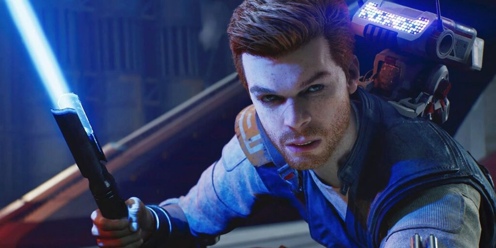 Cal Kestis gives a menacing glare with his blue lightsaber ignited.