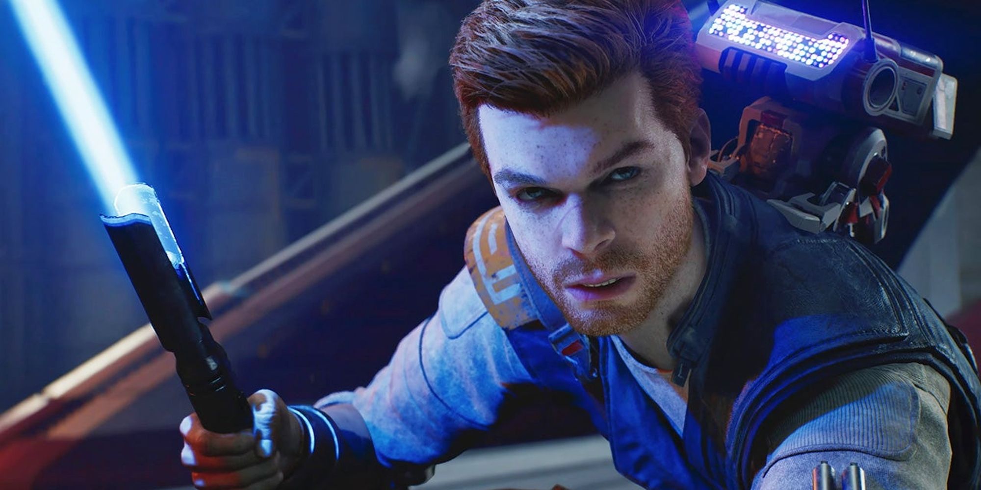 Cal Kestis gives a menacing glare with his blue lightsaber ignited.