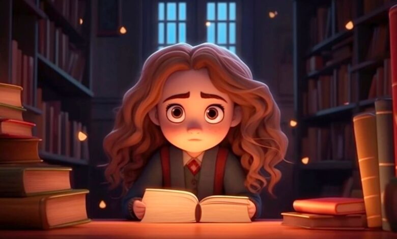 Pixar-style Hermione in Harry Potter AI art.