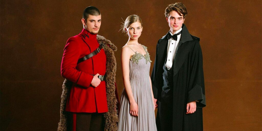 Viktor Krum, Fleur Delacour, and Cedric Diggory in Yule Ball regalia in Harry Potter