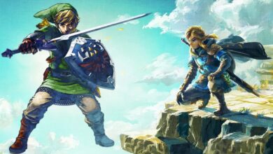Zelda's artwork in Skyward Sword on the left, superimposed on the official artwork for Tears of the Kingdom, with Link kneeled down looking at Hyrule from the edge of a Sky Island. The sky is clear blue, with a few surrounding clouds.