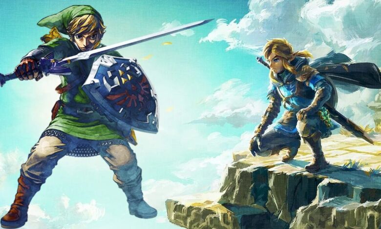 Zelda's artwork in Skyward Sword on the left, superimposed on the official artwork for Tears of the Kingdom, with Link kneeled down looking at Hyrule from the edge of a Sky Island. The sky is clear blue, with a few surrounding clouds.