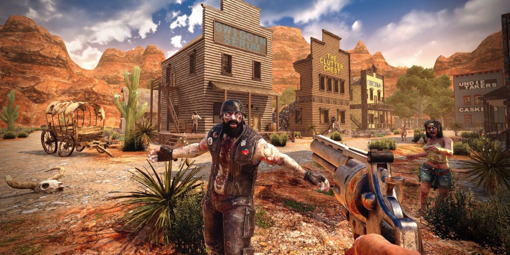 On a western street, a player points a revolver at a biker zombie in 7 Days to Die
