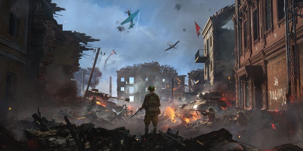 An image of a soldier in Hell Let Loose in the middle of rubble as other soldier fight. There are tanks and building ruins in the distance. In the sky there are two planes engaged in a dogfight.