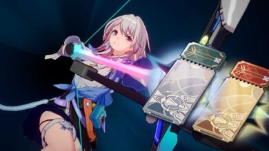 Honkai Star Rail's character known as March 7th aims her bow in the aire and at the tip of the arrow are a Star Rail Pass and a Star Rail Special Pass.