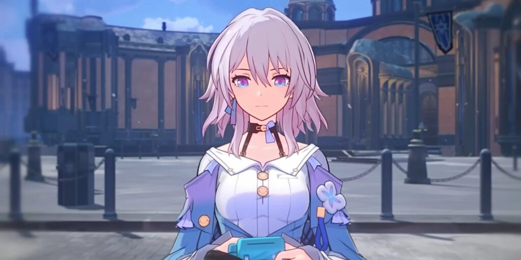 March 7th from Honkai: Star Rail looks at her camera with a slight frown.