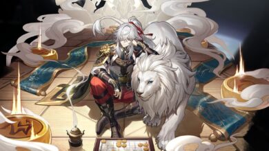 Honkai Star Rail's Jing Yuan rests his head on his hand while sitting down next to his white-furred lion. He looks at a game board, while smoke surrounds him.
