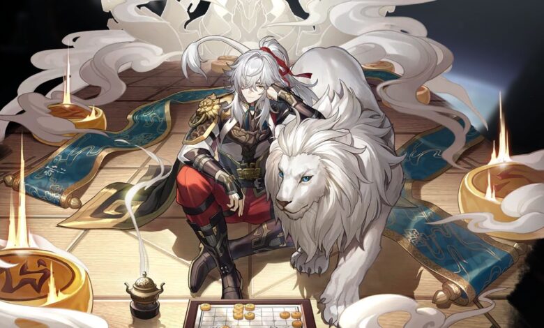 Honkai Star Rail's Jing Yuan rests his head on his hand while sitting down next to his white-furred lion. He looks at a game board, while smoke surrounds him.