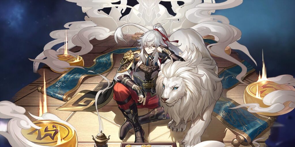 Jing Yuan from Honkai: Star Rail sits with a white lion