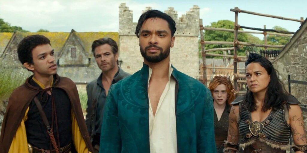 Simon, Edgin, Doric, and Holga looking at Xenk in Dungeons & Dragons Honor Among Thieves