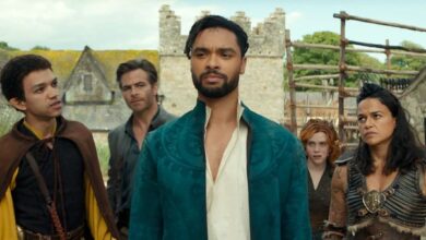 Simon, Edgin, Doric, and Holga looking at Xenk in Dungeons & Dragons Honor Among Thieves
