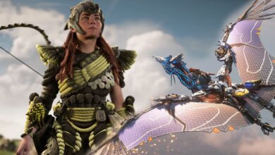 Aloy from burning shores looking up at the sky from the left and her and sekya on the back of waterwing on the right