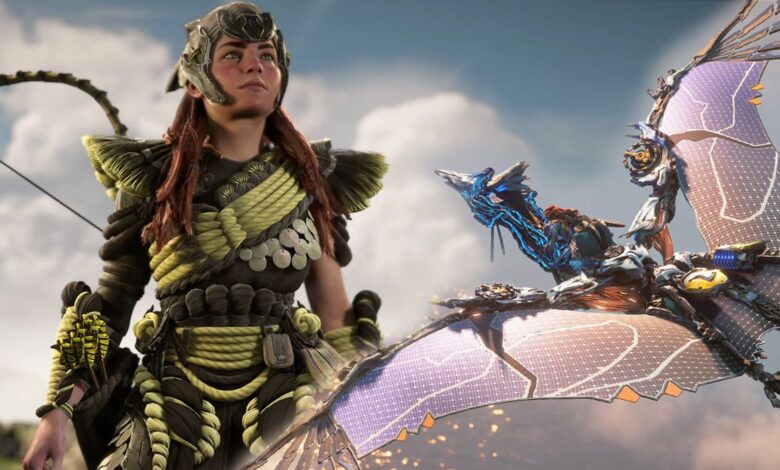 Aloy from burning shores looking up at the sky from the left and her and sekya on the back of waterwing on the right