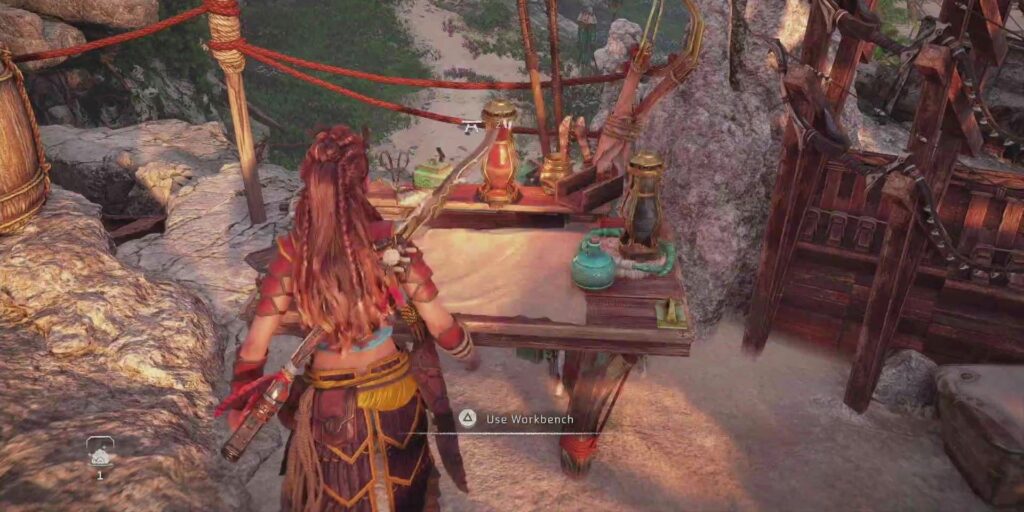 Aloy at the Fleet's End Workbench in Horizon Forbidden West Burning Shores DLC