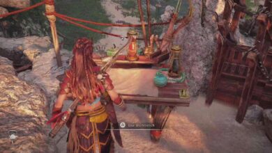 Aloy at the Fleet's End Workbench in Horizon Forbidden West Burning Shores DLC