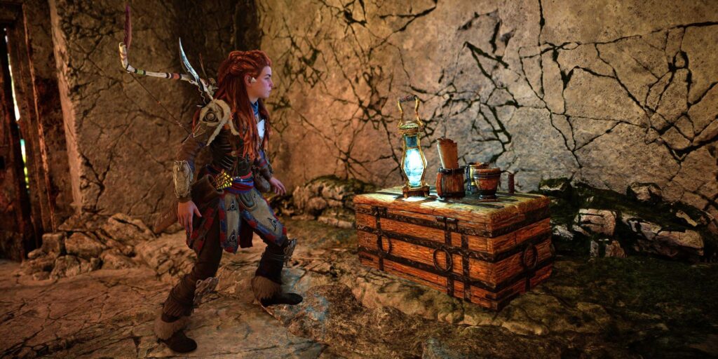 Horizon Forbidden West Burning Shores Aloy Collecting Delver Trinket In Ruin