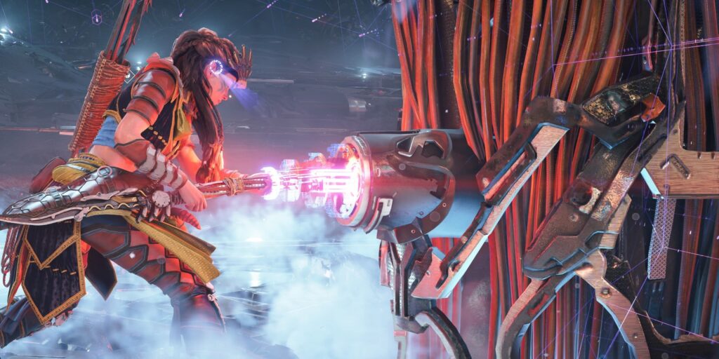 Aloy overriding the Theta Cauldron Core in the Burning Shores