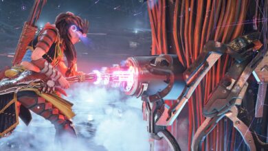 Aloy overriding the Theta Cauldron Core in the Burning Shores