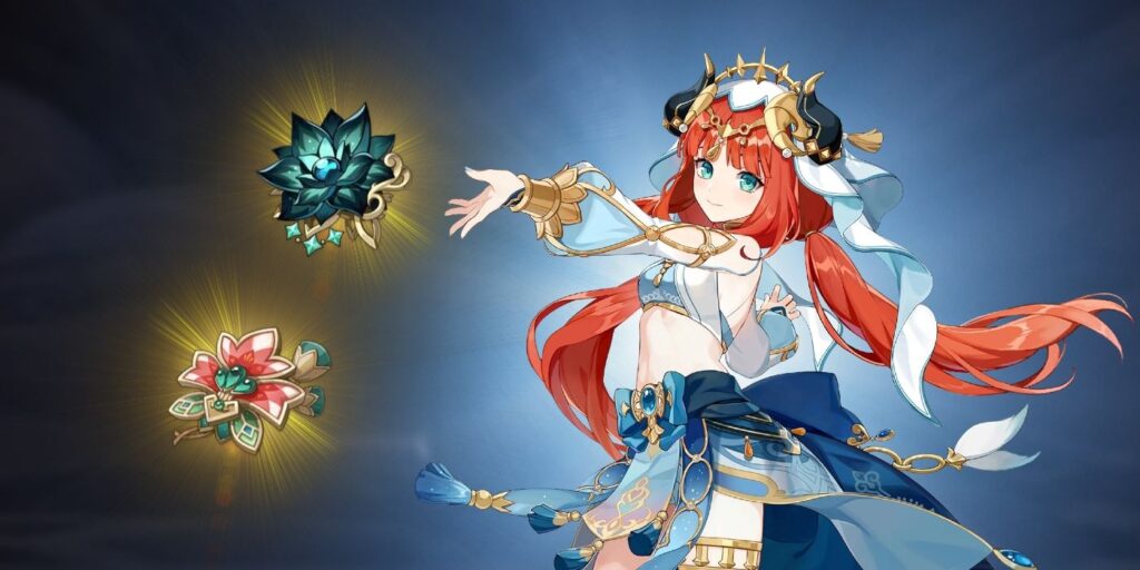 Genshin Impact's Nilou on the left, with a light blue backlight, and the Nymph's Dream and Vourukasha's Glow artifact flowers on the left, each with a yellow backlight.