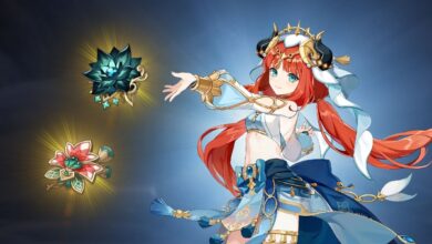 Genshin Impact's Nilou on the left, with a light blue backlight, and the Nymph's Dream and Vourukasha's Glow artifact flowers on the left, each with a yellow backlight.