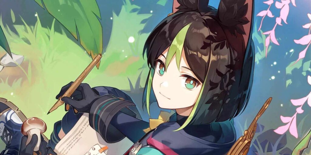 Genshin Impact's Tighnari is sitting down in the middle of the forest while holding a pen and a mushroom. He gently looks up and back, toward the camera.