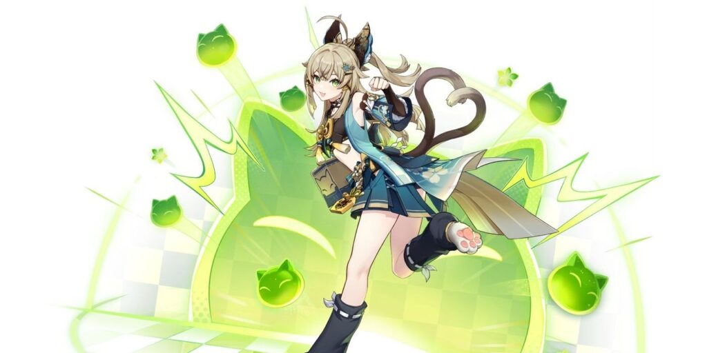 Genshin Impact's Kirara runs away as a green cat-inspired Dendro explosion takes place in the background.