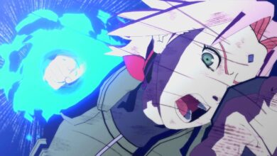 Naruto character Sakura is seen in a screen shot from the game Naruto Ninja Storm 4 as she is about to land a blue colored punch while yelling. She is wearing a Jonin vest and has a purple square on her forehead.