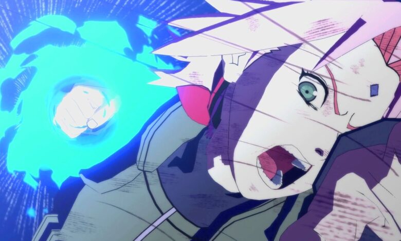 Naruto character Sakura is seen in a screen shot from the game Naruto Ninja Storm 4 as she is about to land a blue colored punch while yelling. She is wearing a Jonin vest and has a purple square on her forehead.