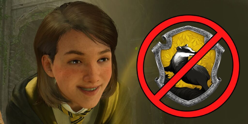 Poppy Sweeting looking happy and smiling on the left, and a crossed out Hufflepuff logo on the right.