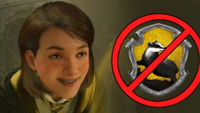 Poppy Sweeting looking happy and smiling on the left, and a crossed out Hufflepuff logo on the right.