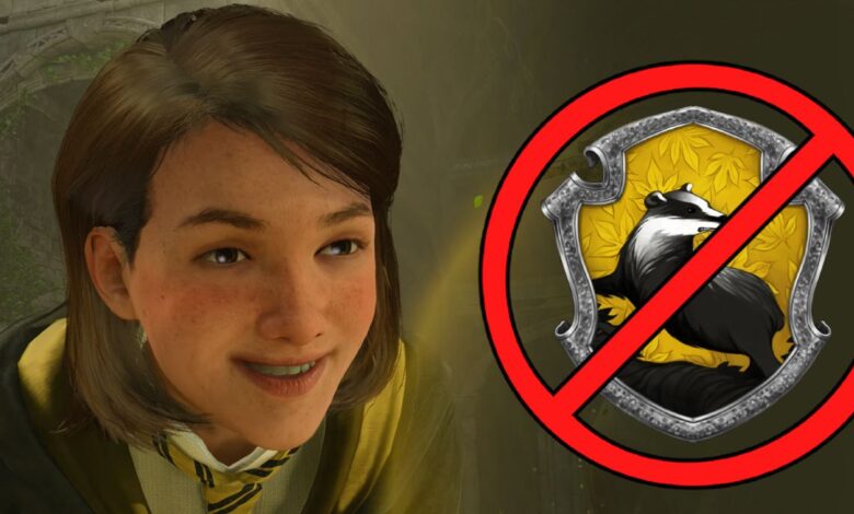 Poppy Sweeting looking happy and smiling on the left, and a crossed out Hufflepuff logo on the right.
