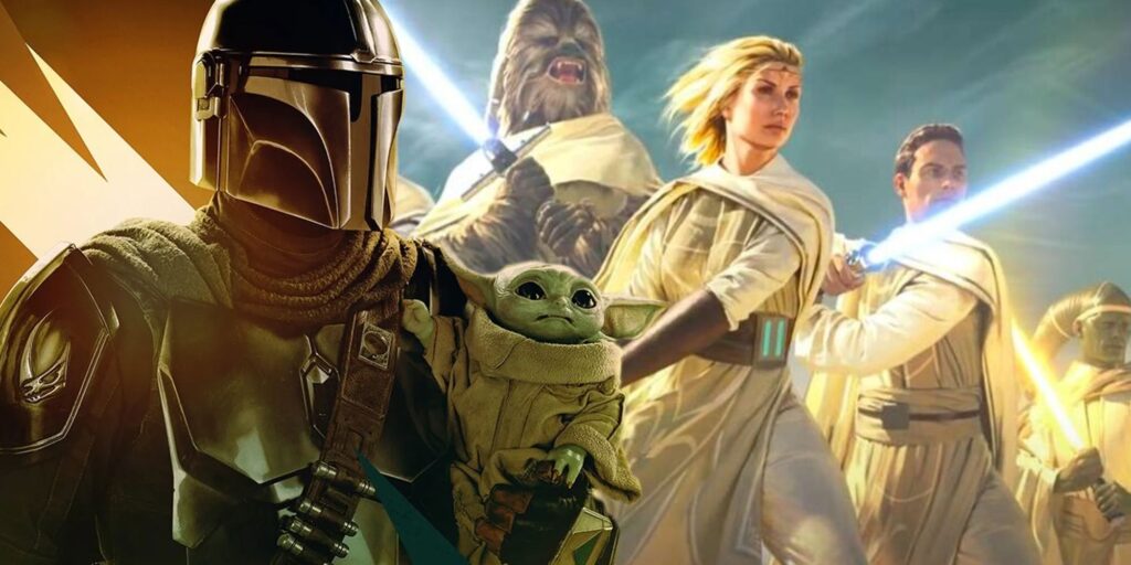 Grogu and Din in their character poster for Mandalorian season 3 next to the Jedi Order from the High Republic
