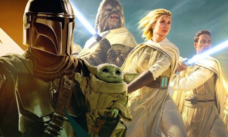 Grogu and Din in their character poster for Mandalorian season 3 next to the Jedi Order from the High Republic