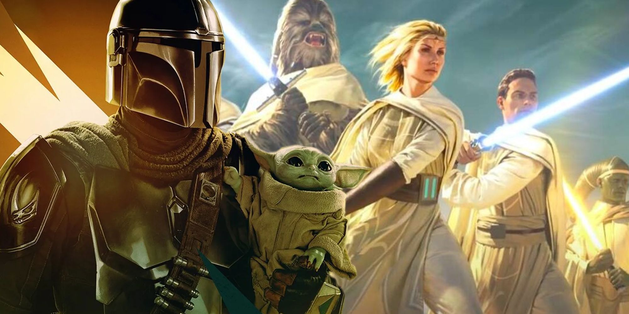 Grogu and Din in their character poster for Mandalorian season 3 next to the Jedi Order from the High Republic
