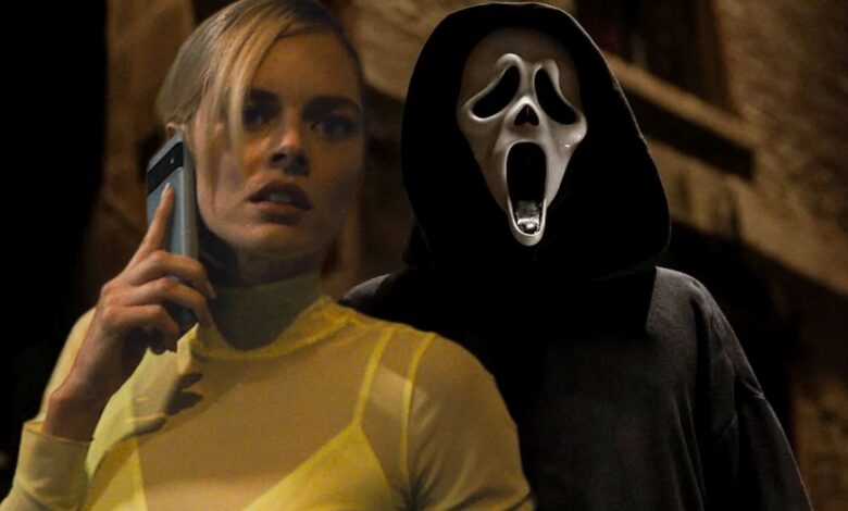 Samara Weaving on the Phone in Front of Ghostface from Scream 6