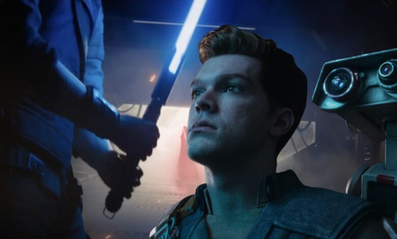 Star Wars Jedi Survivor showing Cal holding a lightsaber to the left and then Cal and BD-1 to the right