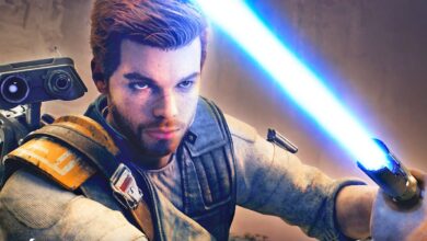 Cal Kestis holds his lightsaber in a defensive stance with BD-1 on his back in Jedi: Survivor