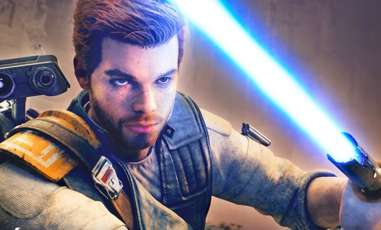 Cal Kestis holds his lightsaber in a defensive stance with BD-1 on his back in Jedi: Survivor