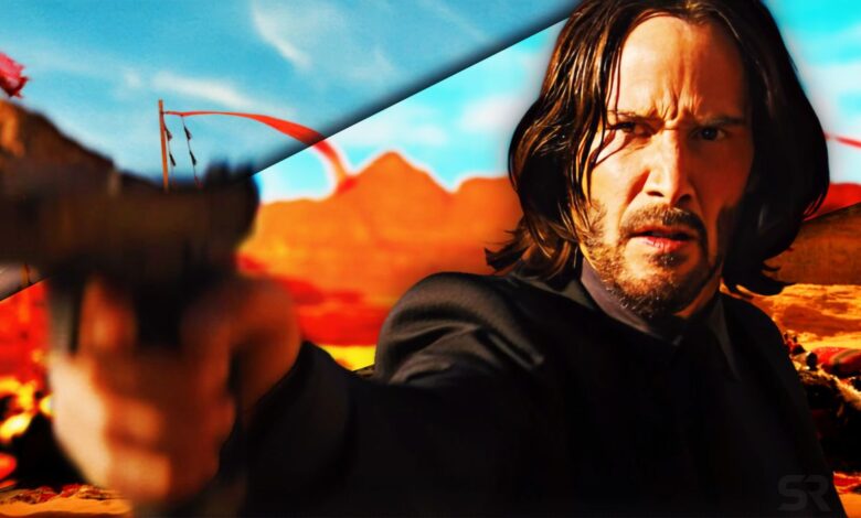 Keanu Reeves as John Wick pointing a gun at someone
