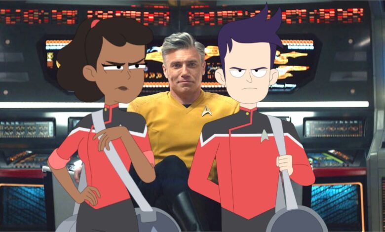 Mariner and Boimler of Lower Decks on the bridge of the Enterprise in Strange New Worlds with Captain Pike seated