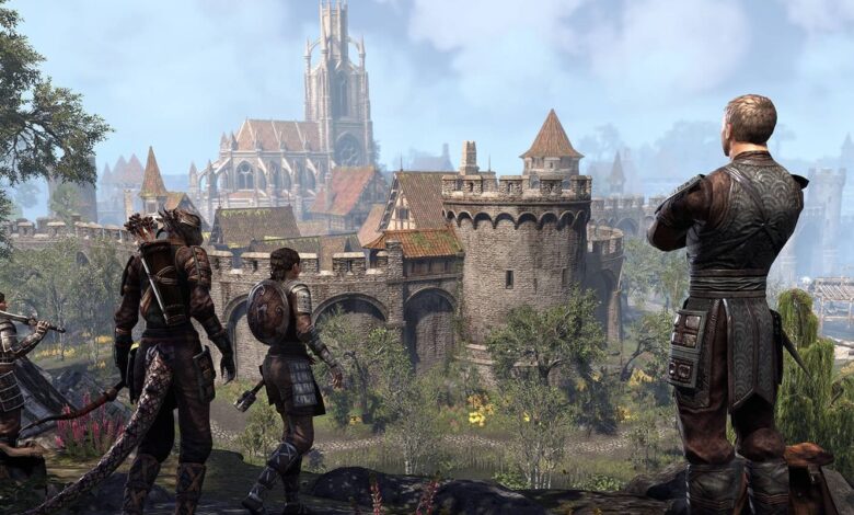 Elder Scrolls, several characters overlooking a village