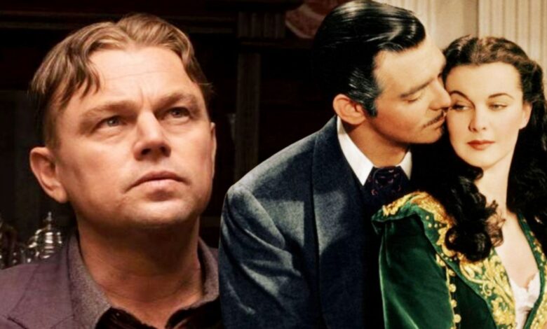 Blended image of Leonardo DiCpario in Killers Of the Flower Moon and Rhett embracing Scarlet in Gone With the Wind
