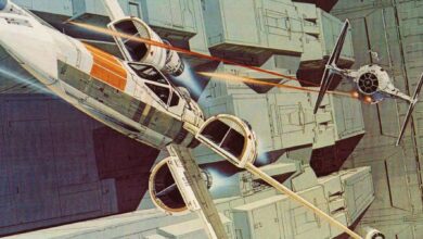 Original McQuarrie art of a X-Wing and TIE Fighter from Star Wars