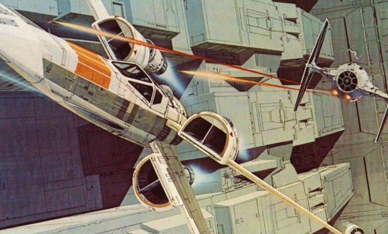 Original McQuarrie art of a X-Wing and TIE Fighter from Star Wars