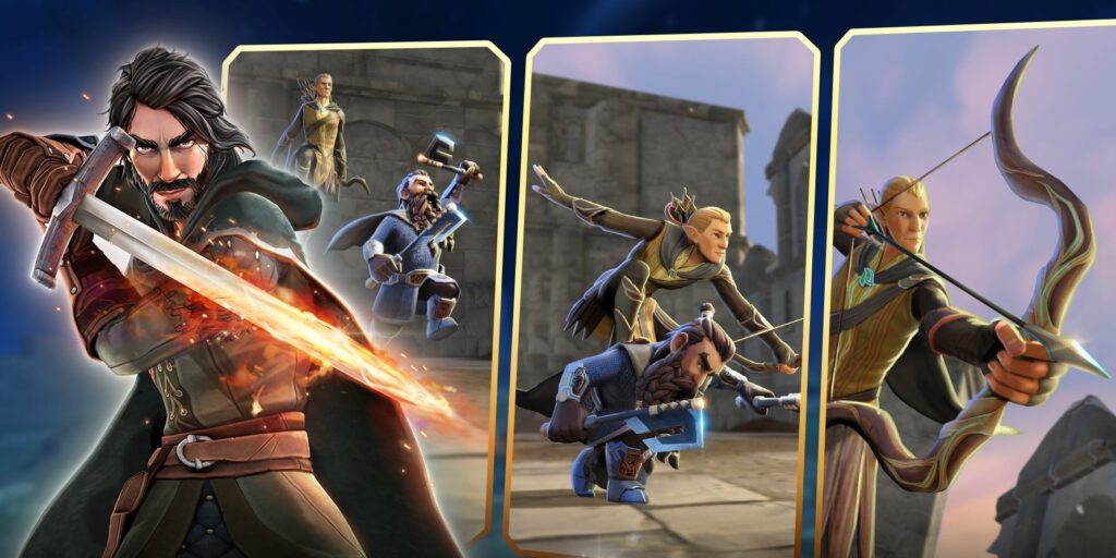 A knight holds a flaming sword on the left. In the middle to the right are three screenshots showing a Dwarf jumping and then serving as a pedestal for an Elven archer to jump and then aim their bow at off-screen opponents.