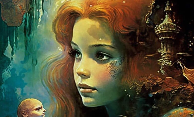Ariel on a poster for The Little Mermaid imagined as a 70s movie with AI generated artwork