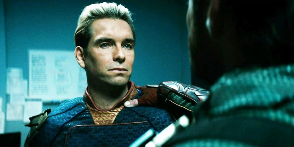 Antony Starr as Homelander looking at Soldier Boy in The Boys season 3 finale