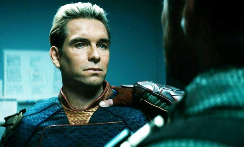 Antony Starr as Homelander looking at Soldier Boy in The Boys season 3 finale