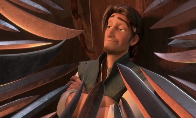 Swords pointed at Flynn in Tangled